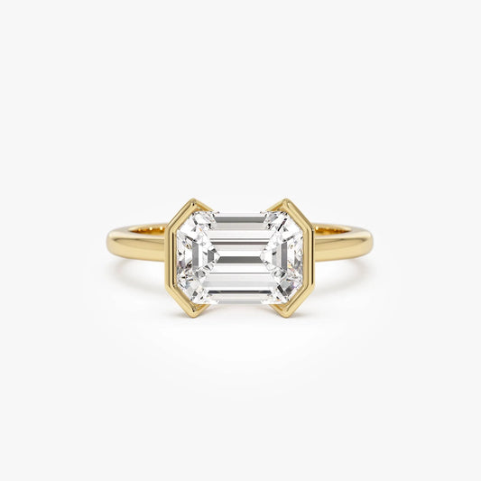 14K Gold 2.00 ctw Emerald Cut Lab Grown Diamond Half Bezel East-West Engagement Ring