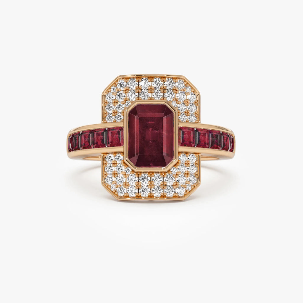 14k Gold Ruby and Diamond Emerald and Square Cut Art Deco Ring 2.80 ctw