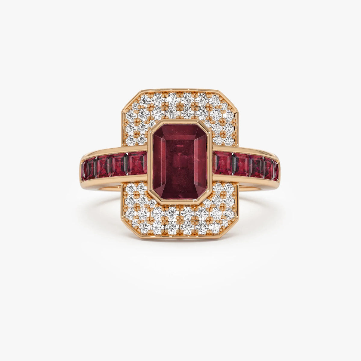 14k Gold Ruby and Diamond Emerald and Square Cut Art Deco Ring 2.80 ctw