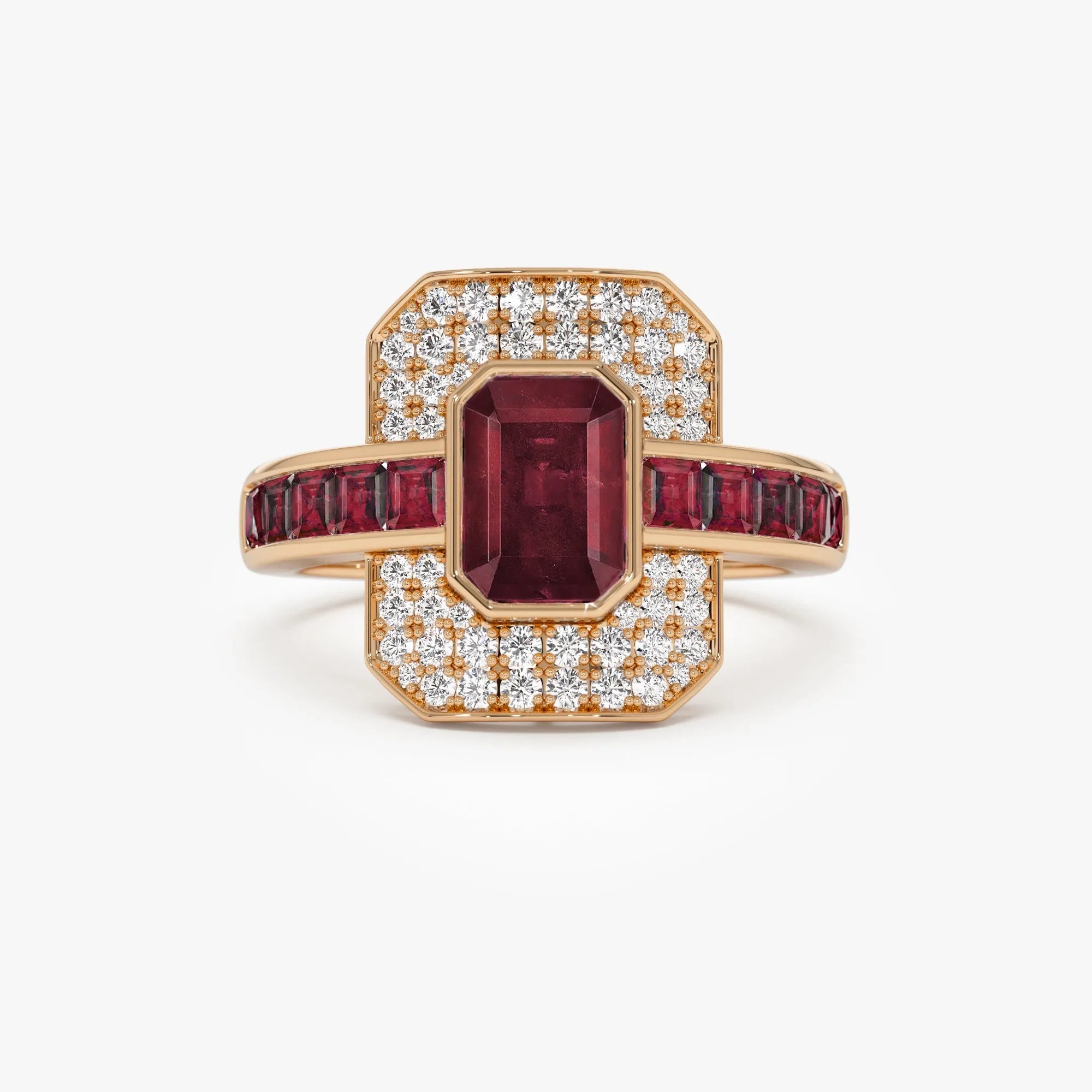 14k Gold Ruby and Diamond Emerald and Square Cut Art Deco Ring 2.80 ctw