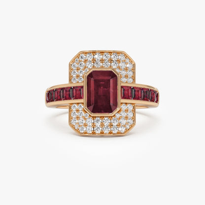 14k Gold Ruby and Diamond Emerald and Square Cut Art Deco Ring 2.80 ctw