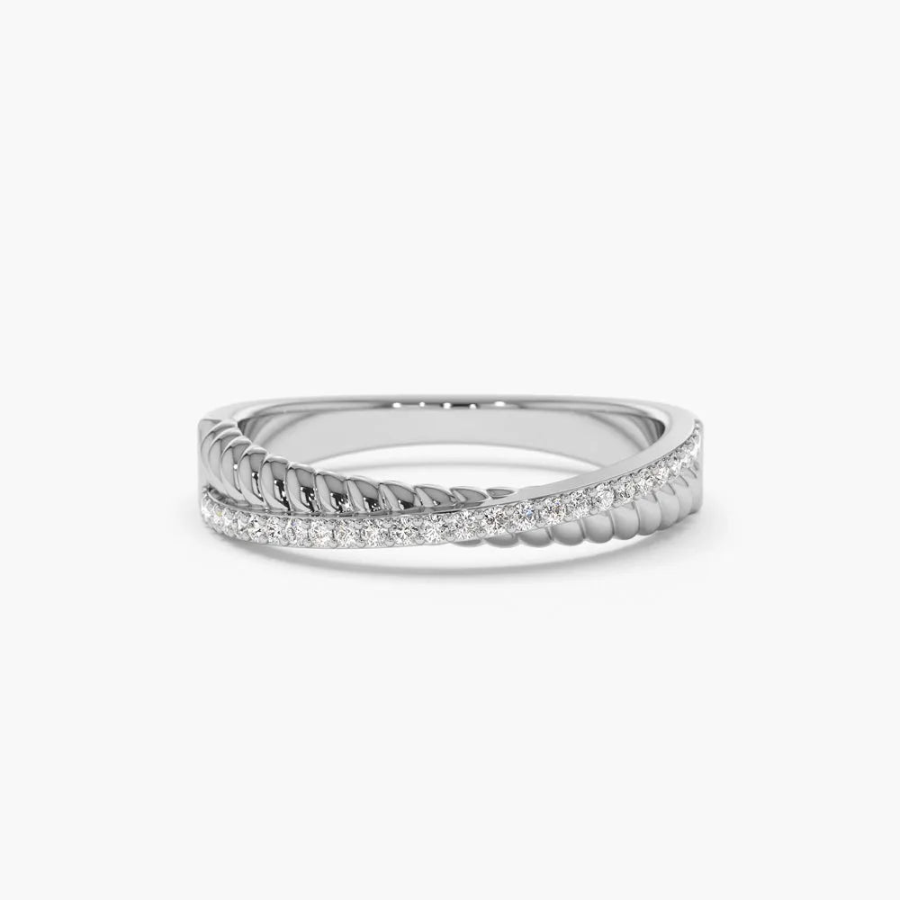 14k Gold 0.20 Carat Round Diamond Micro Pave Twisted Rope Criss Cross Ring