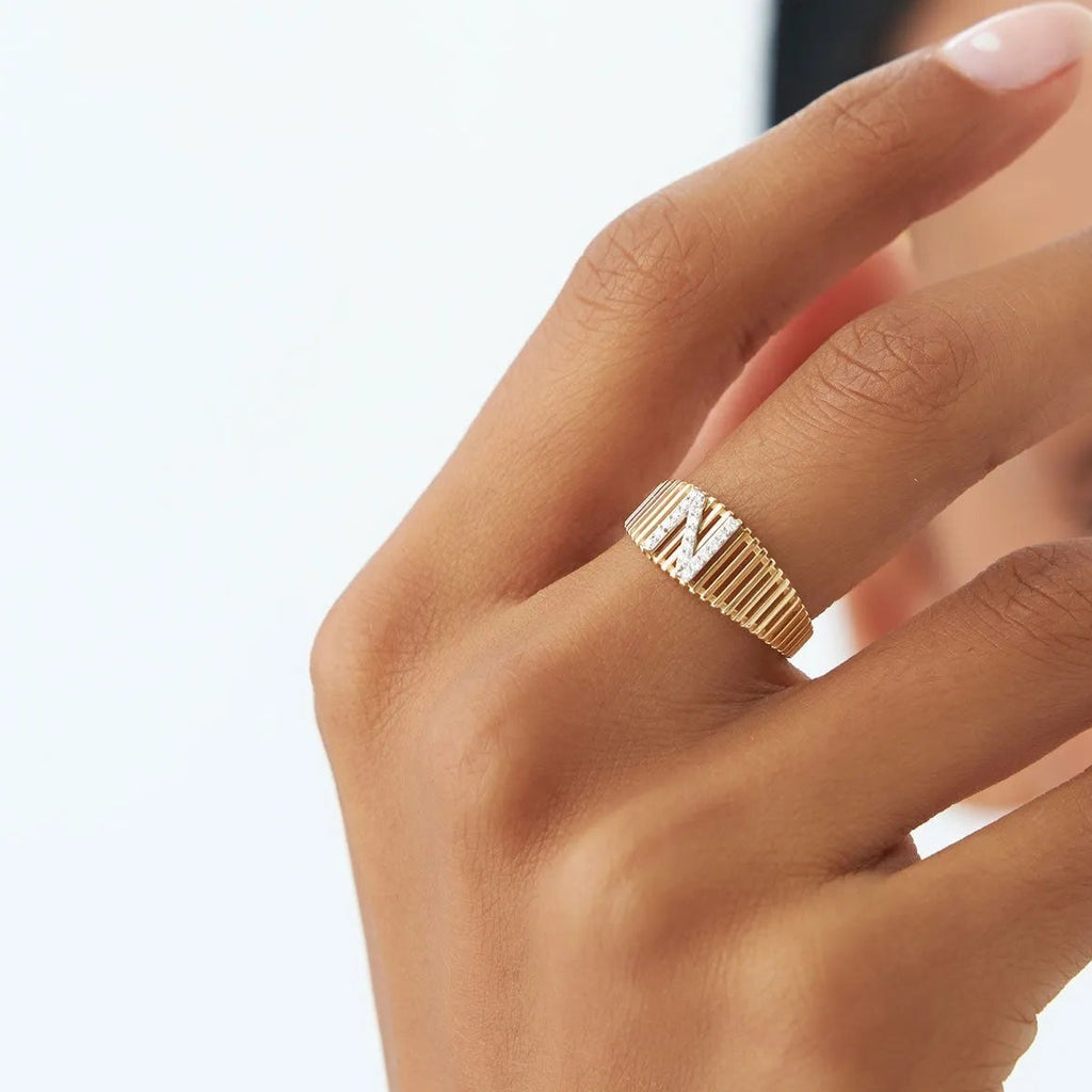 14K Solid Gold Round Diamond Ribbed Cage Initial Ring Personalized Custom Jewelry