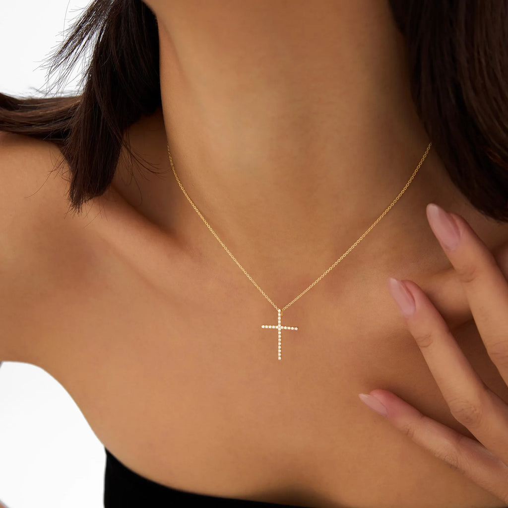 14K Solid Gold 0.29 CTW Round Diamond Single Shared Prong Cross Necklace