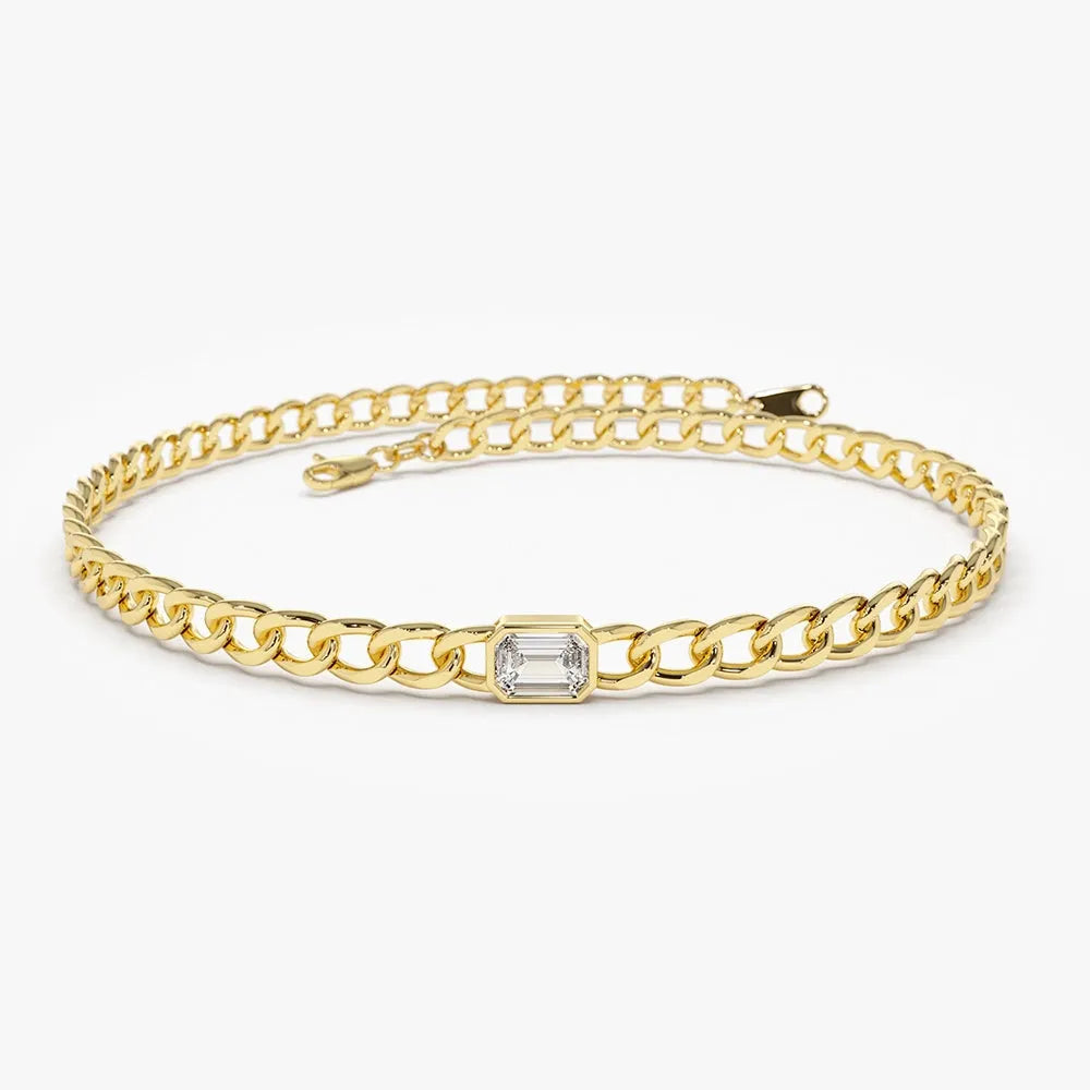 14K Solid Gold Emerald Cut Diamond Cuban Link Bracelet 0.36 Carat