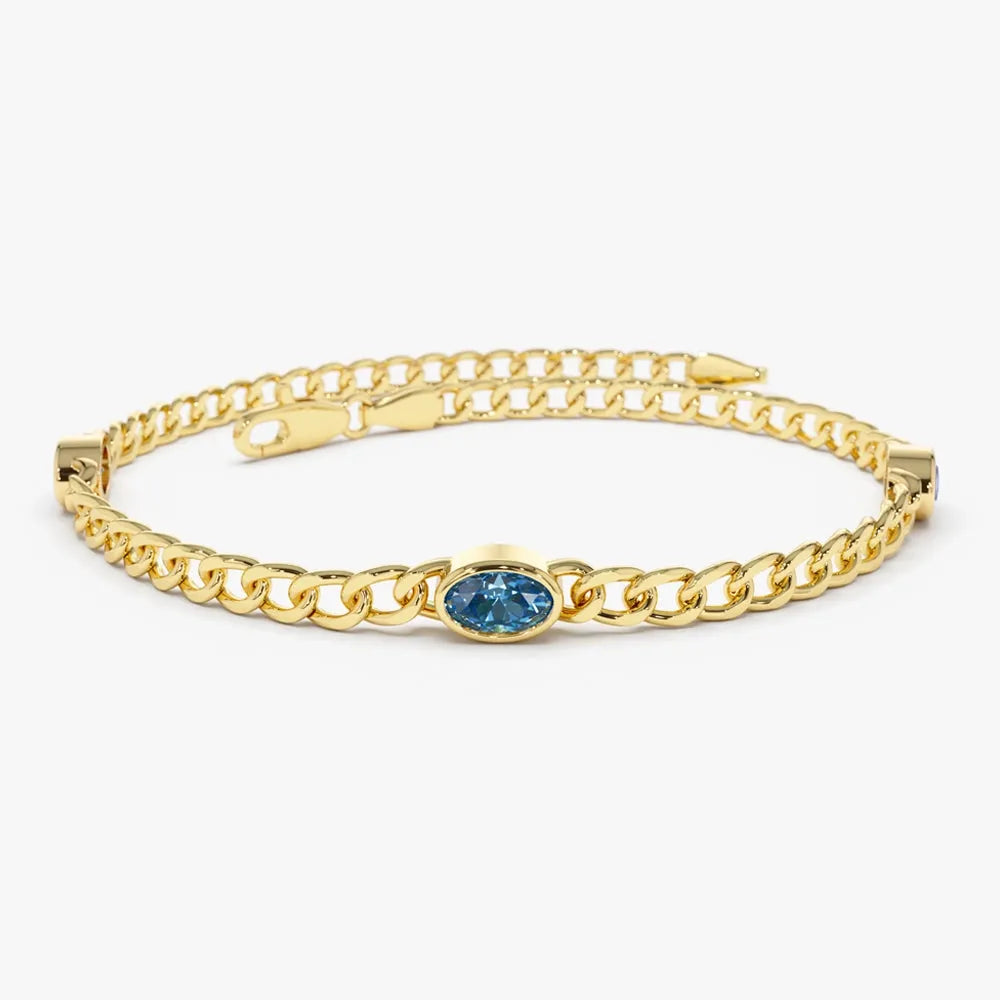 14K Gold Oval London Blue Topaz 3MM Cuban Link Bezel Set Bracelet