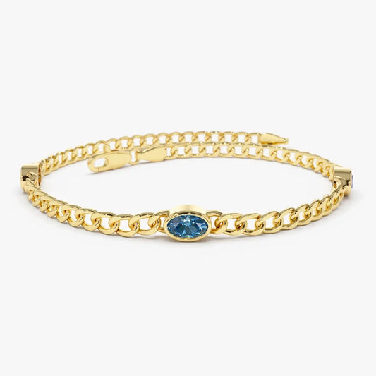 14K Gold Oval London Blue Topaz 3MM Cuban Link Bezel Set Bracelet