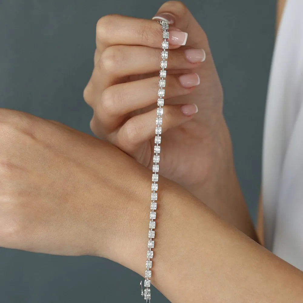 14K Solid Gold 2.43 CTW Baguette and Round Diamond Illusion Setting Tennis Bracelet