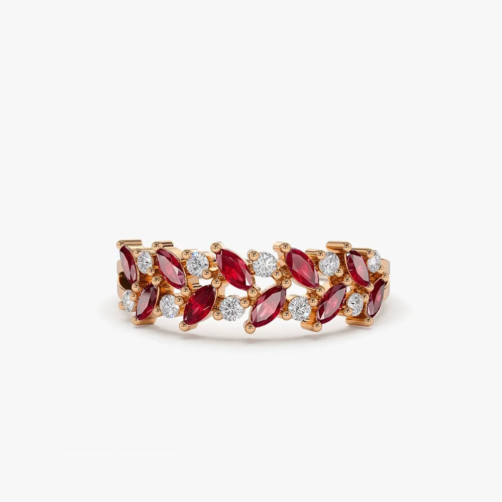 14k Gold Natural Ruby and Diamond Marquise and Round Cut Two Row Ring 0.65 ctw