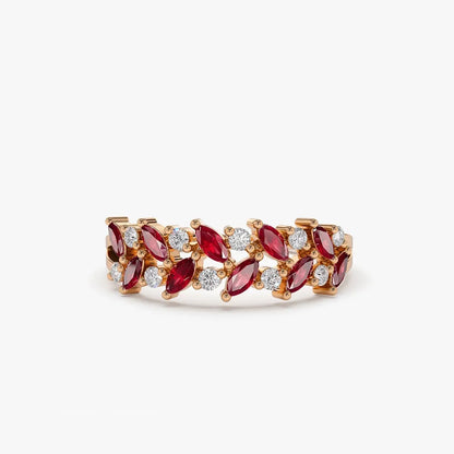 14k Gold Natural Ruby and Diamond Marquise and Round Cut Two Row Ring 0.65 ctw