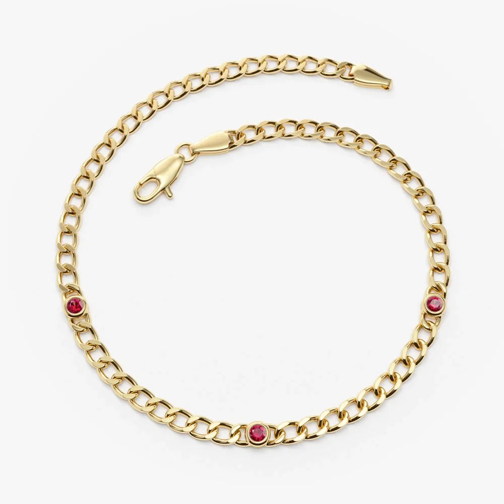 14K Solid Gold 0.25ctw Round Ruby Cuban Link Bezel Set Bracelet