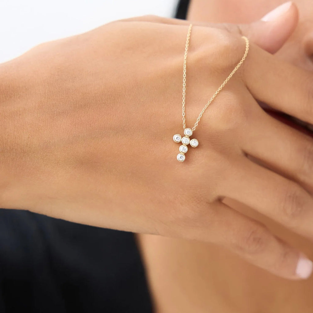 14K Solid Gold Round Diamond 6 Stone Cross Pendant Necklace Bezel Set 0.26ctw