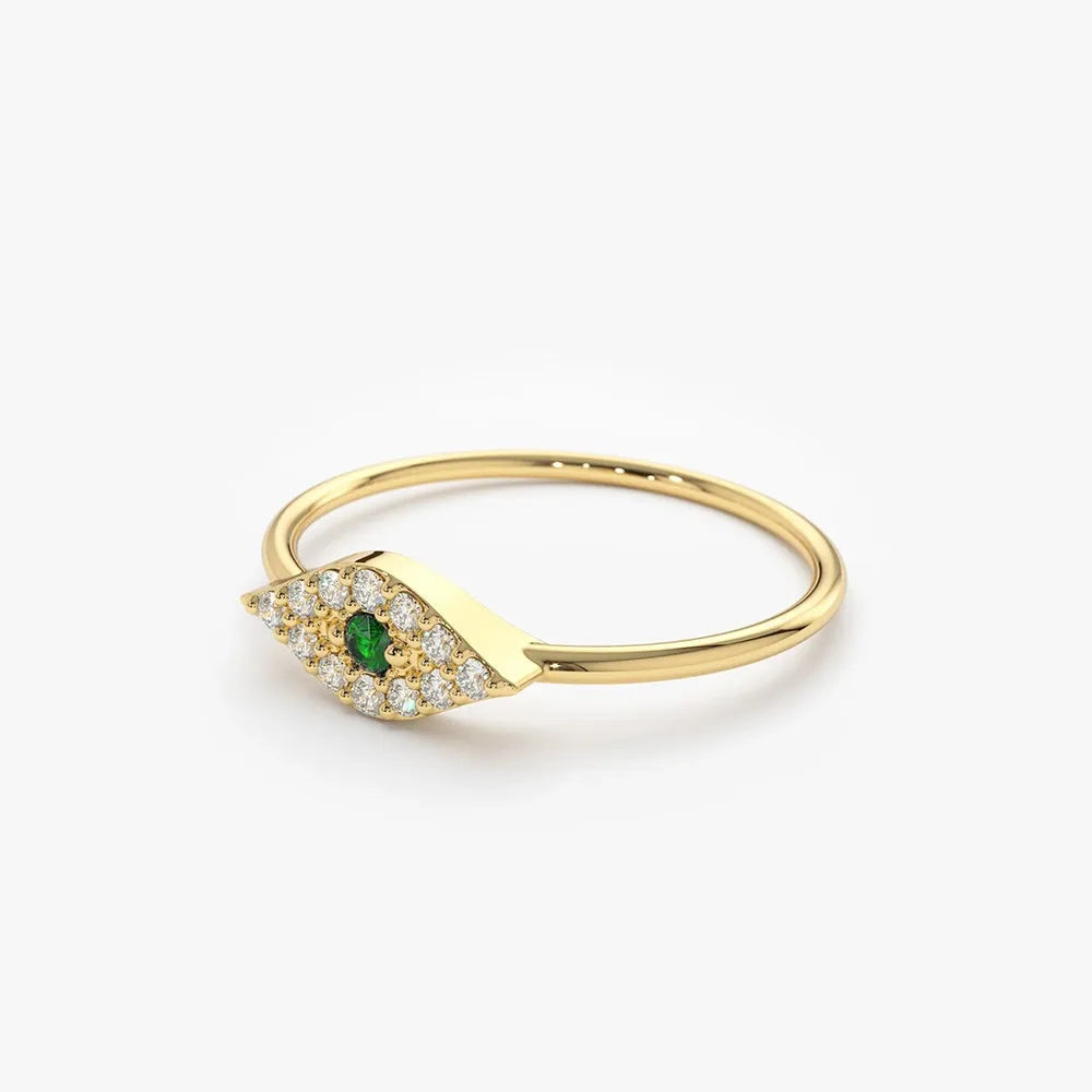 14K Solid Gold Round Emerald and Diamond Evil Eye Ring 0.17 CTW