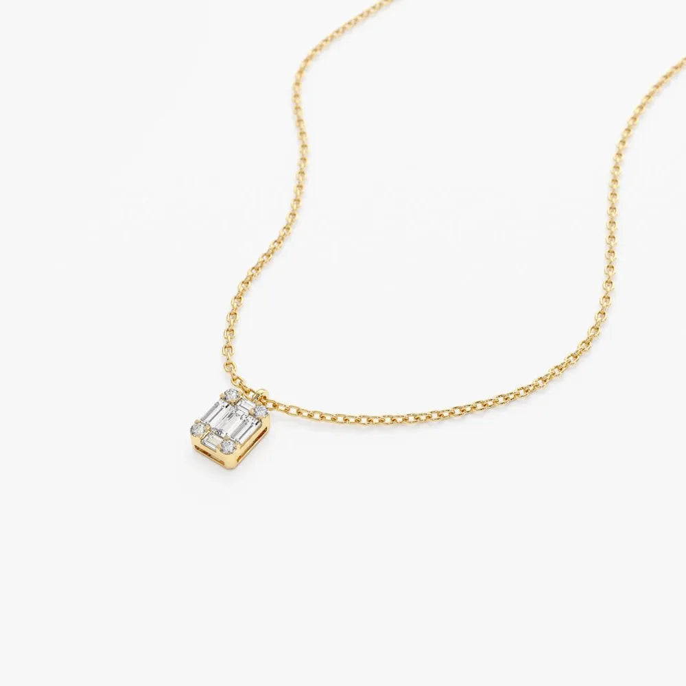 14K Solid Gold Baguette and Round Diamond Charm Pendant Necklace 0.15ctw
