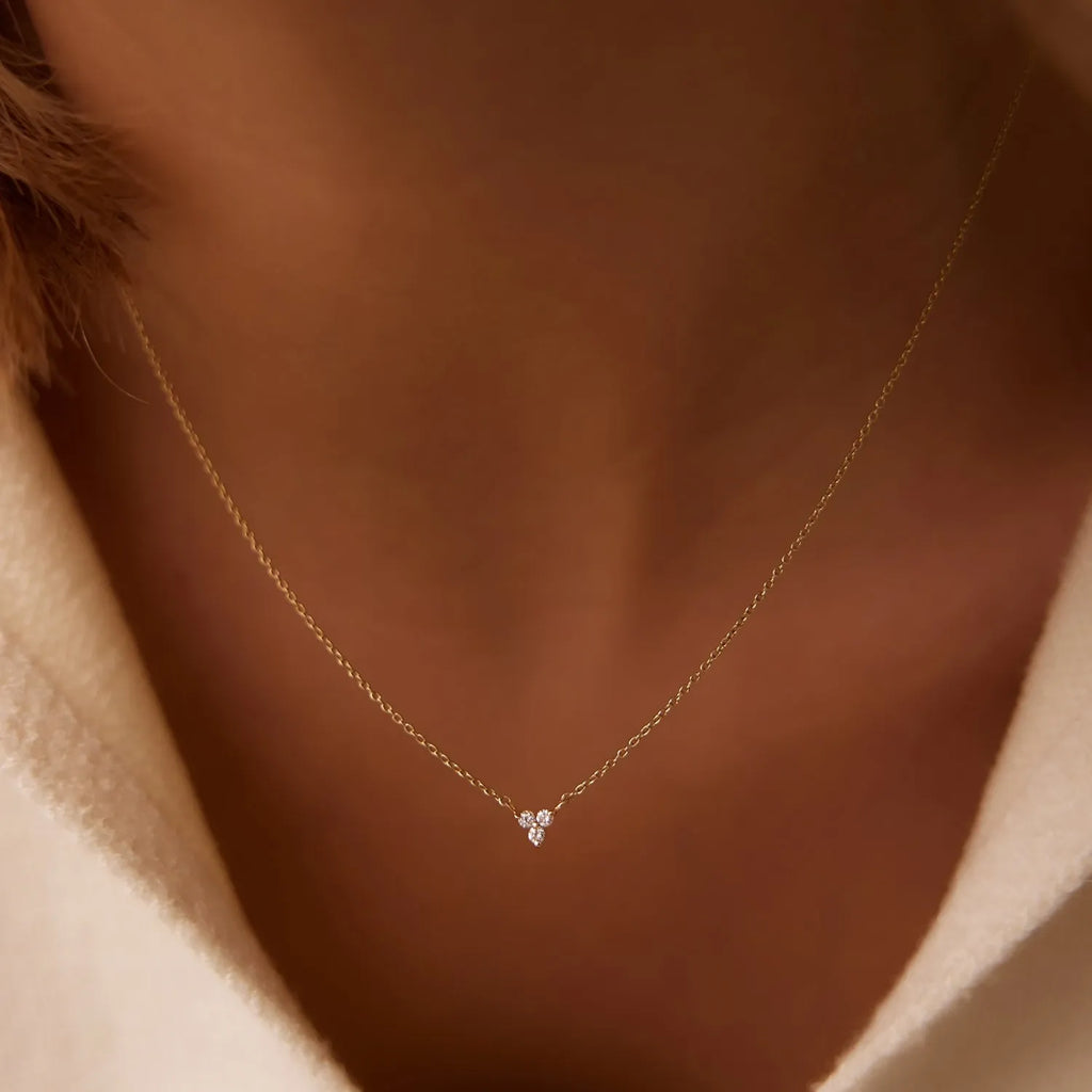 14K Solid Gold Round Diamond Trio Triangle Necklace Prong Setting 0.09cttw