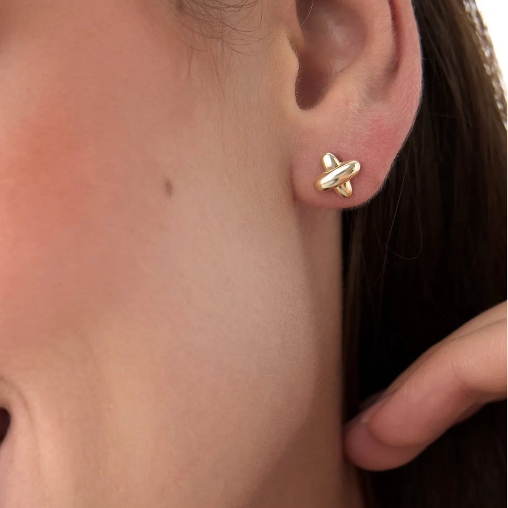 14k Solid Gold X Shape Stud Earrings Geometric Minimalist Design