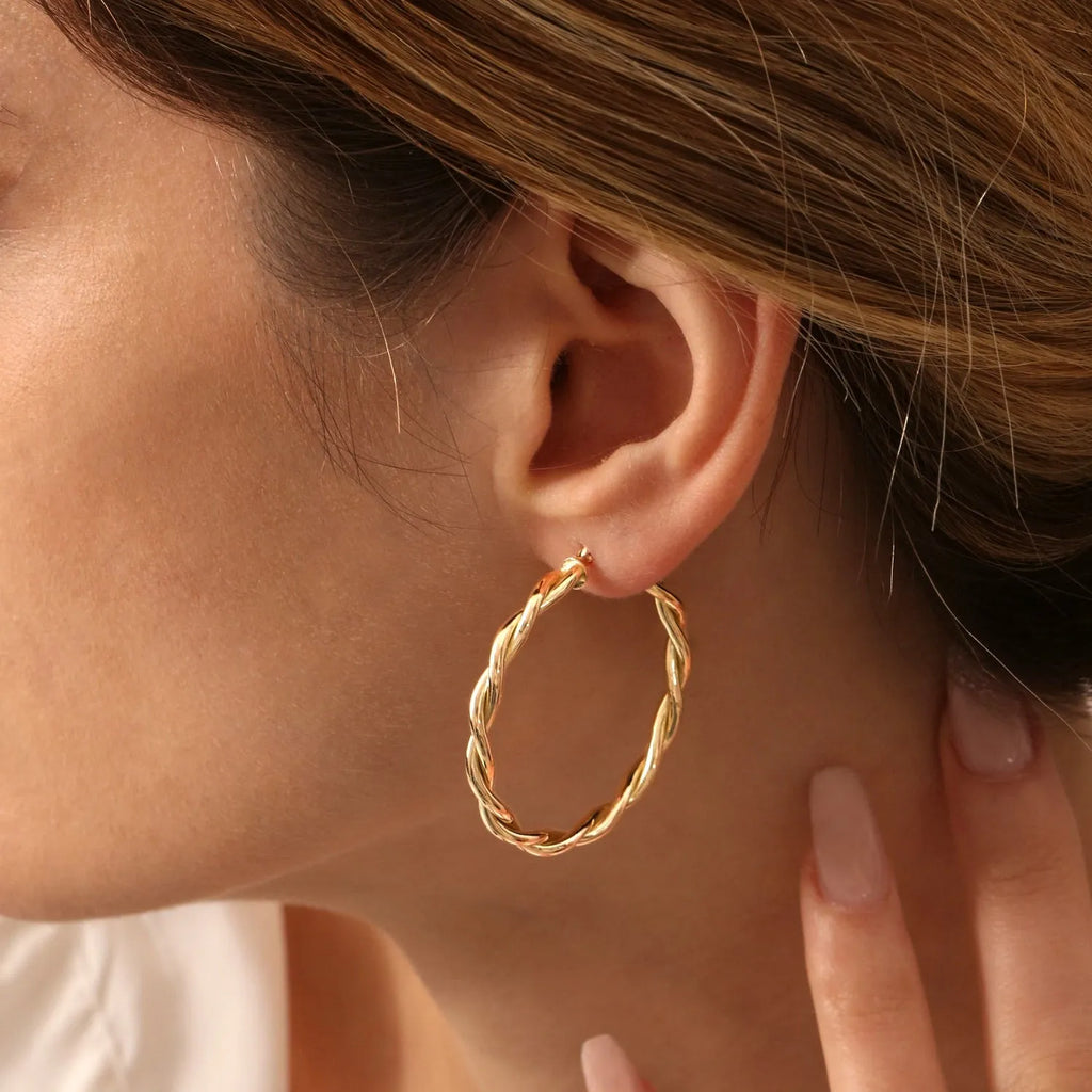 14k Solid Gold Twisted Hoop Earrings 40mm Large Design 3.5mm Width