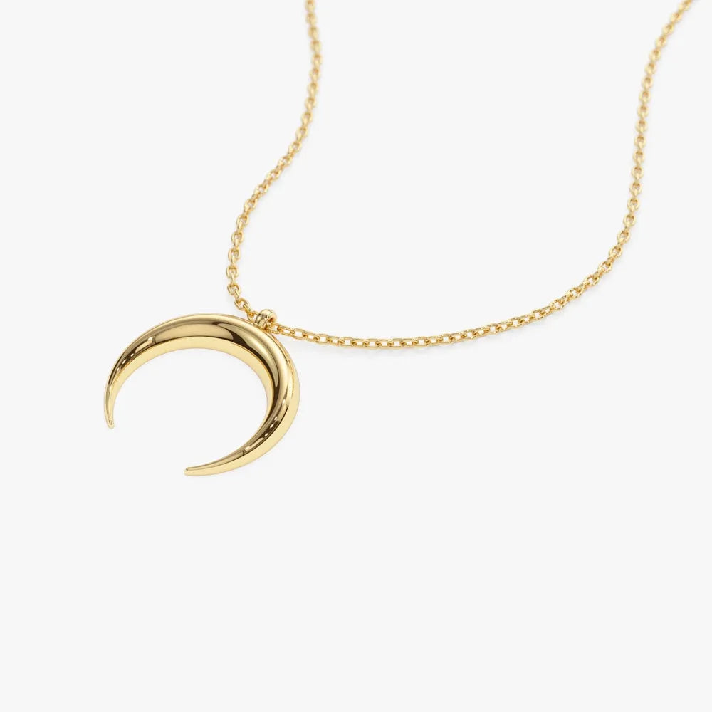 14k Solid Gold Crescent Moon Pendant Necklace
