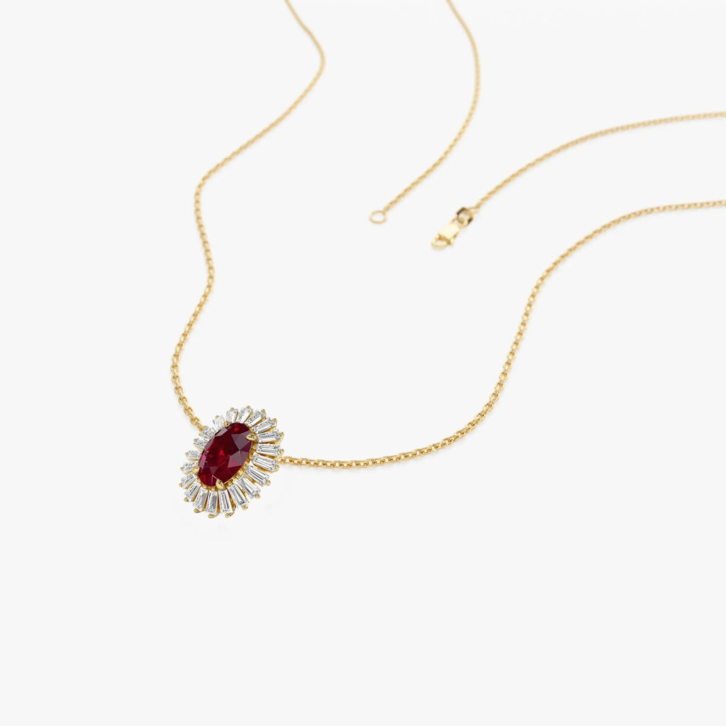 14k Solid Gold Ruby and Diamond Oval Baguette Halo Necklace 0.75 Carat Prong Setting
