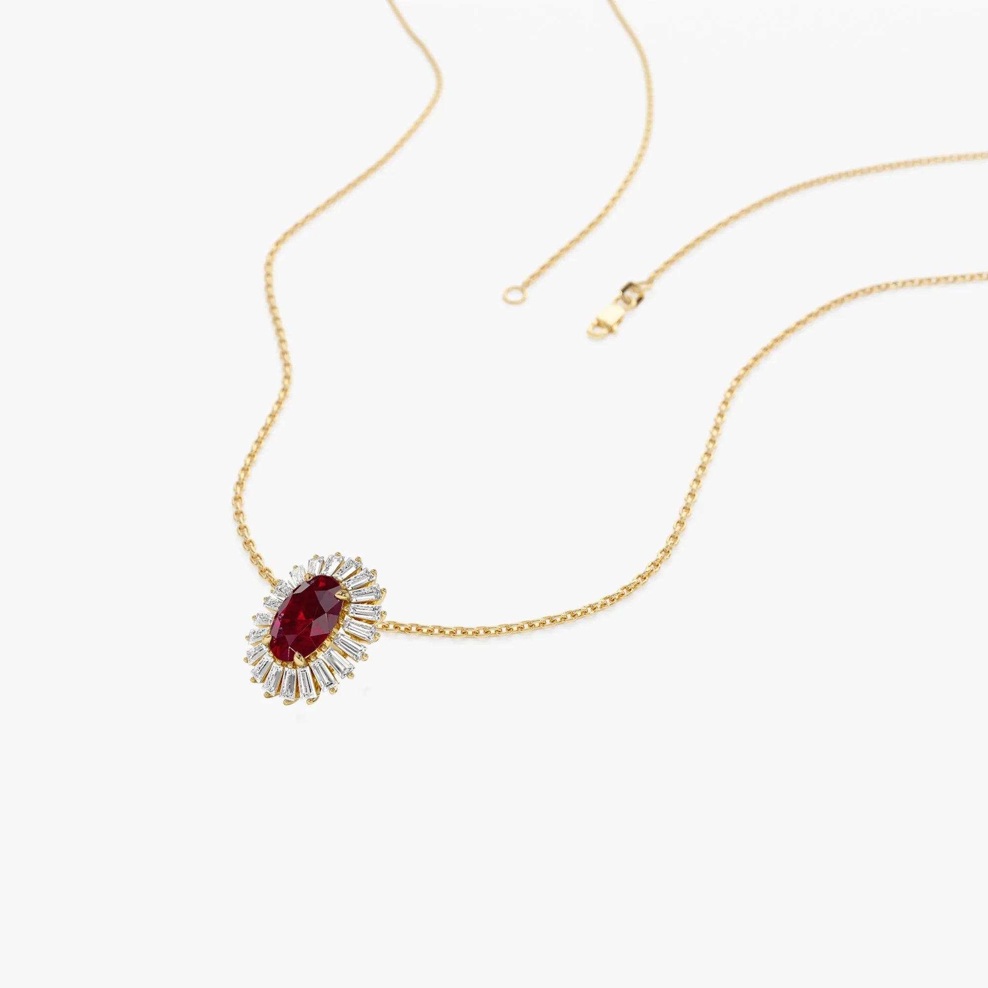 14k Solid Gold Ruby and Diamond Oval Baguette Halo Necklace 0.75 Carat Prong Setting