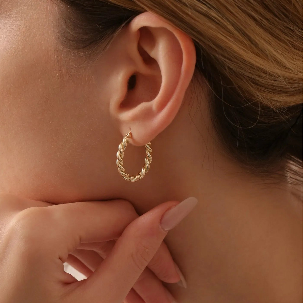 14k Solid Gold Twist Rope Hoop Earrings 20mm 3.25mm Width
