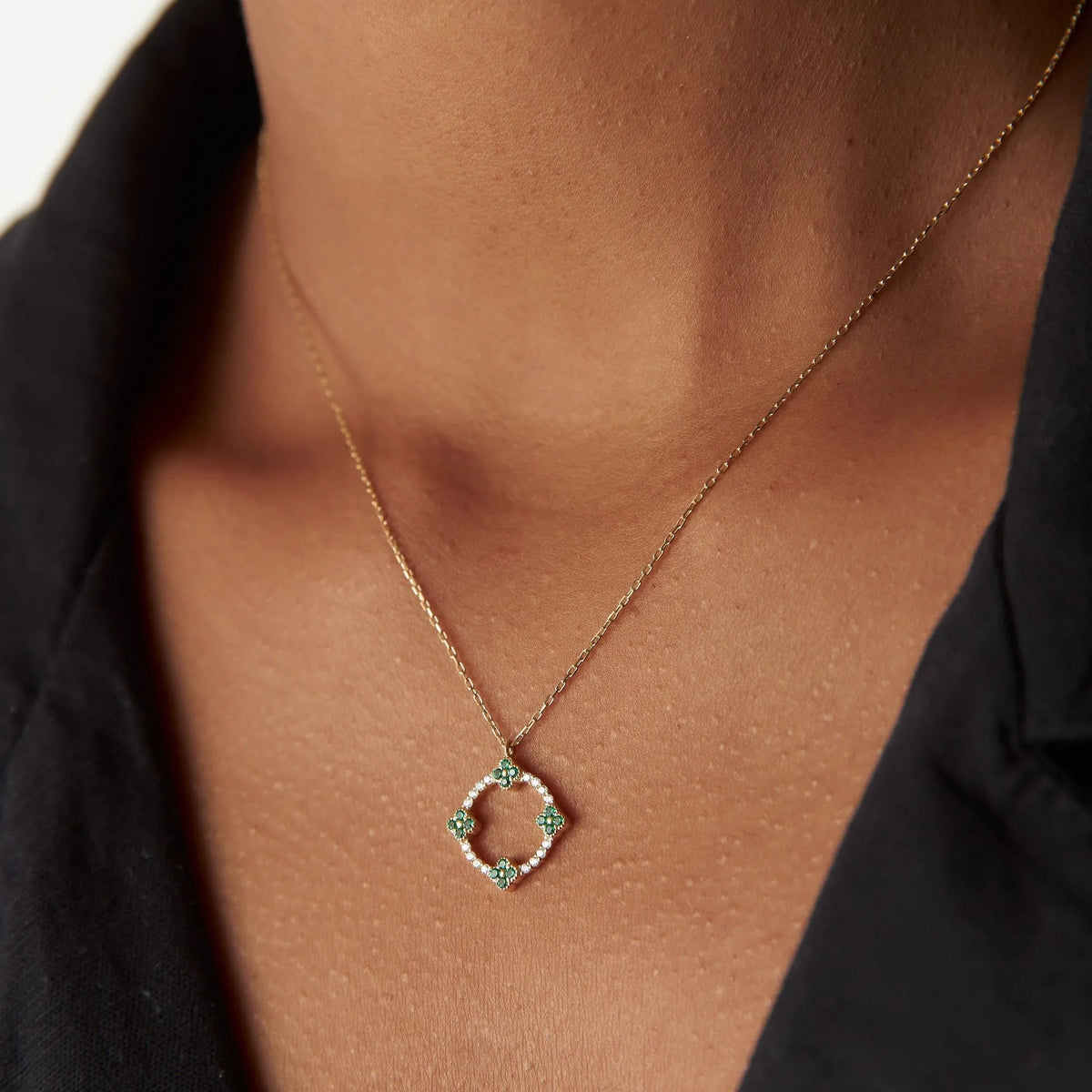 14k Solid Gold Round Diamond 0.12 CTW and Emerald 0.18 CTW Clover Pendant Necklace