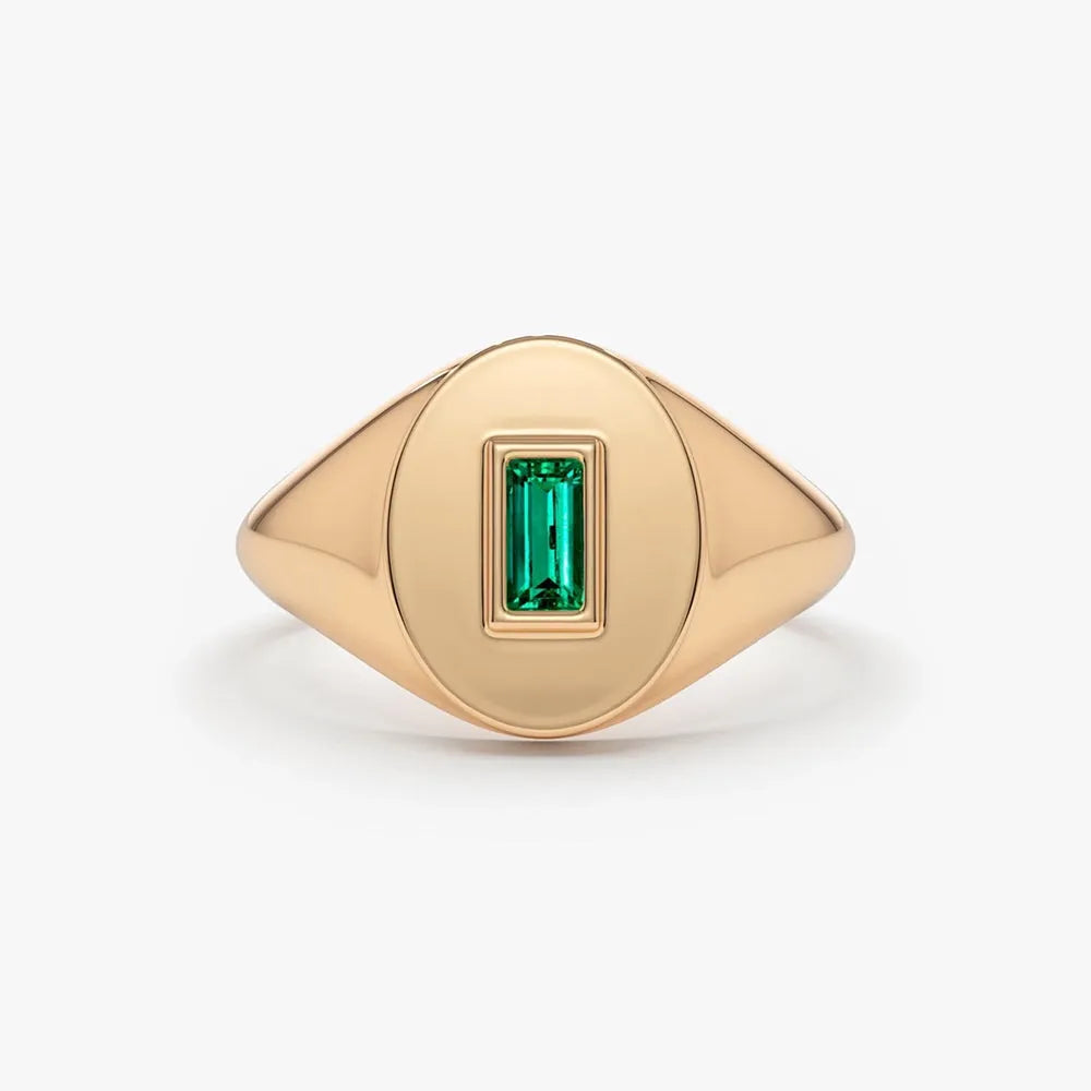 14K Solid Gold Baguette Emerald Bezel Set Signet Ring 0.15 CTW Handcrafted Jewelry