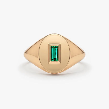 14K Solid Gold Baguette Emerald Bezel Set Signet Ring 0.15 CTW Handcrafted Jewelry