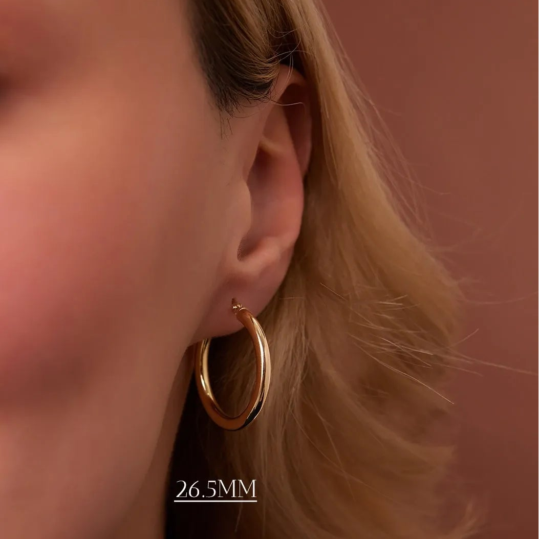 14k Solid Gold Round Hoop Earrings 3mm Thick Polished