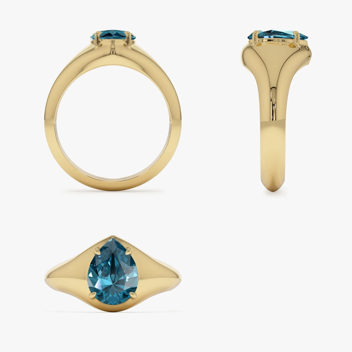 14K Solid Gold Pear Shaped London Blue Topaz 1.15ctw Statement Ring