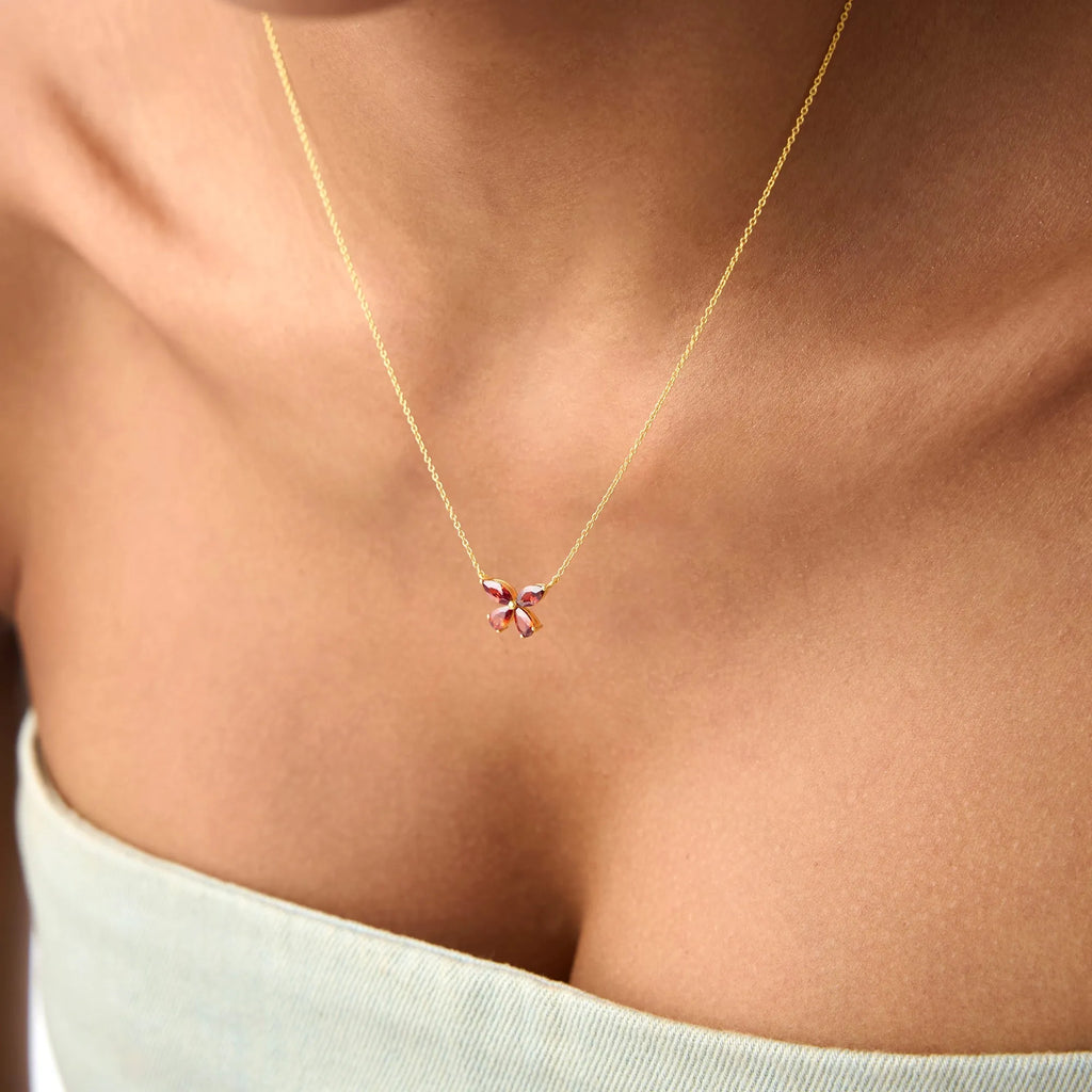 14k Solid Gold Garnet Pear and Marquise Butterfly Necklace 1.25 Carat