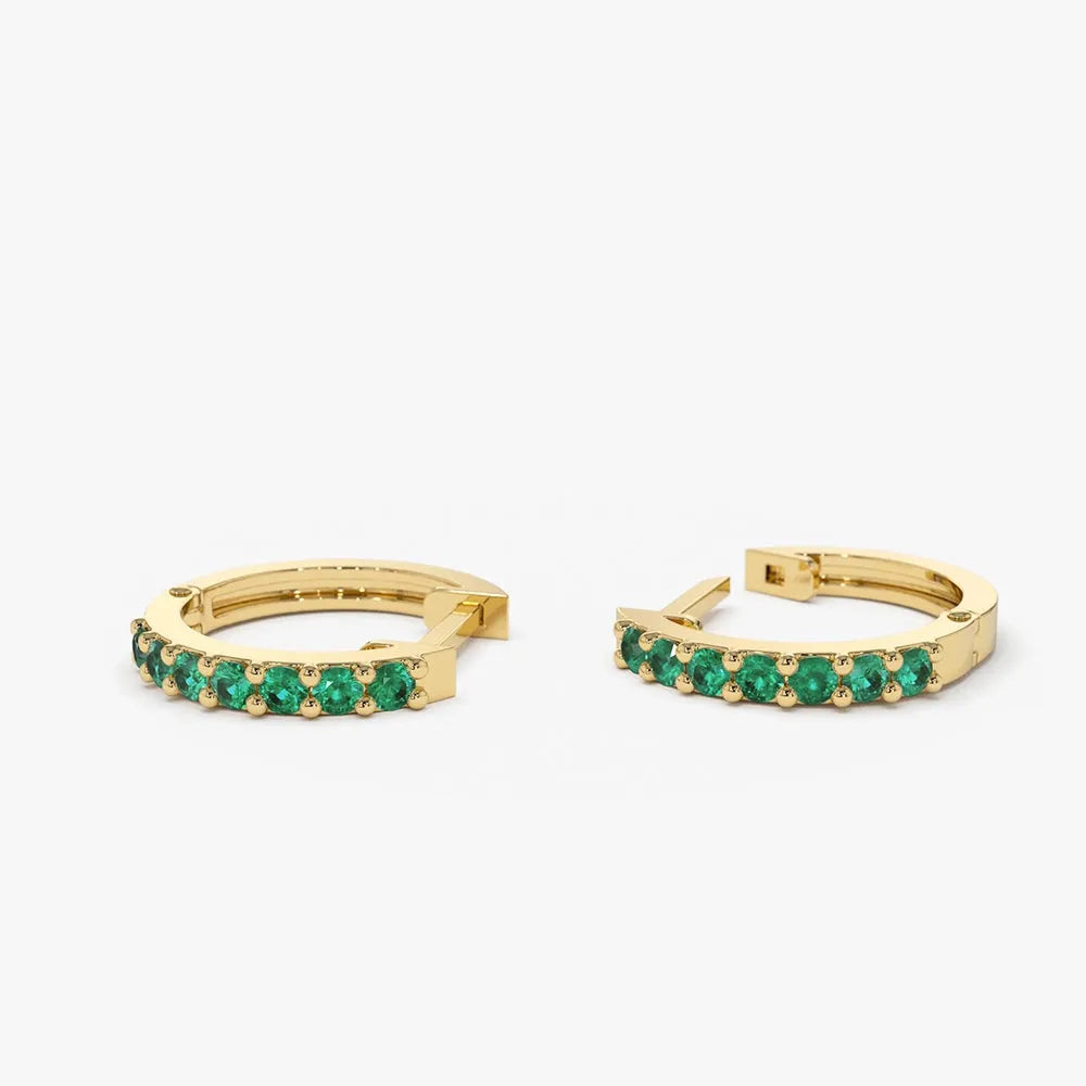 14K Solid Gold Round Emerald Huggie Hoop Earrings 0.25 CTW