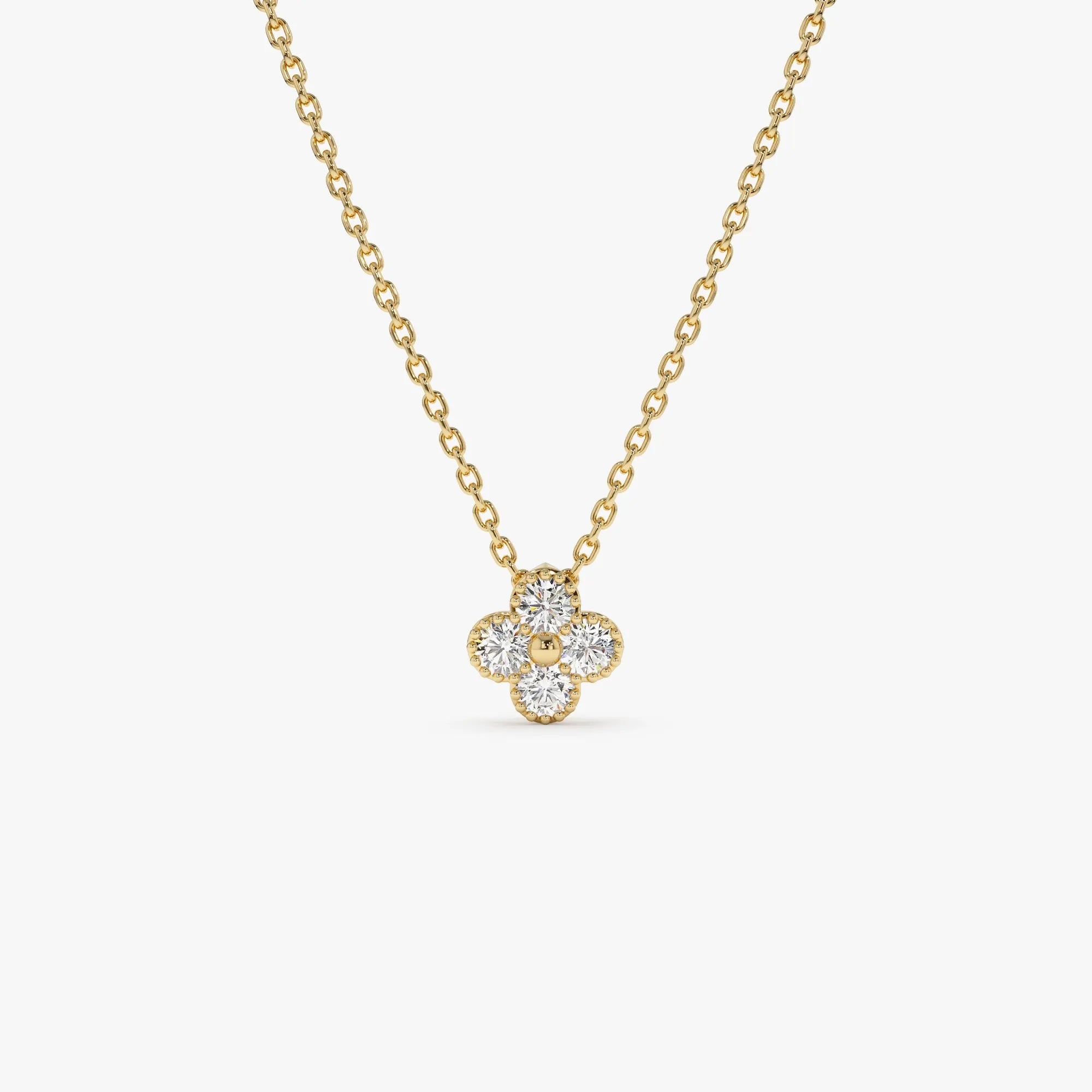 14K Solid Gold 0.15 CTW Round Diamond Clover Beaded Necklace Prong Setting