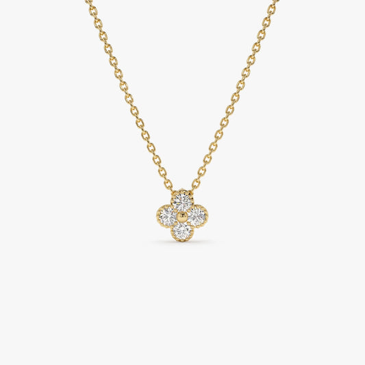 14K Solid Gold 0.15 CTW Round Diamond Clover Beaded Necklace Prong Setting