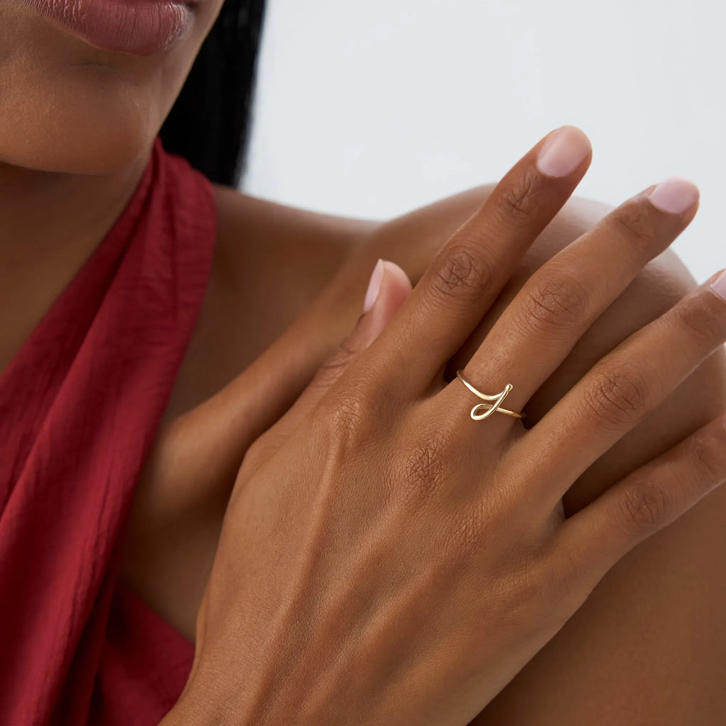 14K Solid Gold Minimalist Wire Letter Ring Personalized Initial Custom Jewelry