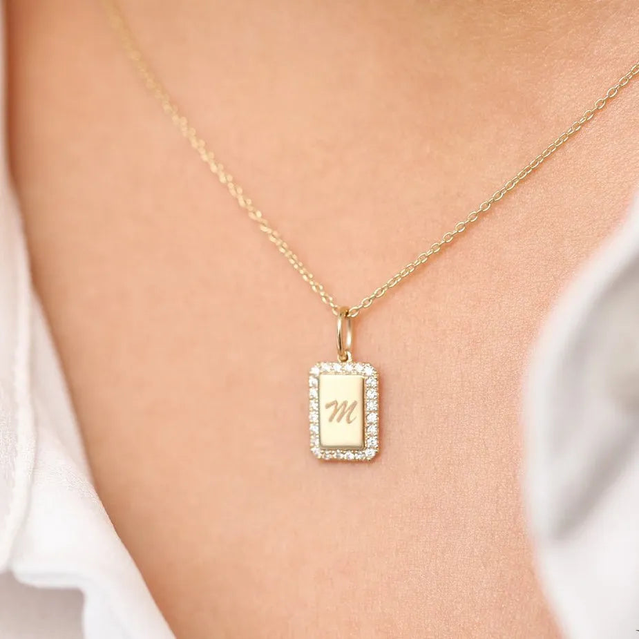 14K Solid Gold Round Diamond Tag Initial Personalized Necklace 0.18ctw