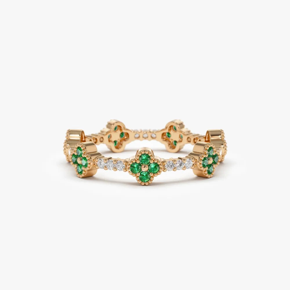 14K Solid Gold Round Emerald and Diamond Full Eternity Clover Ring 0.44 CTW