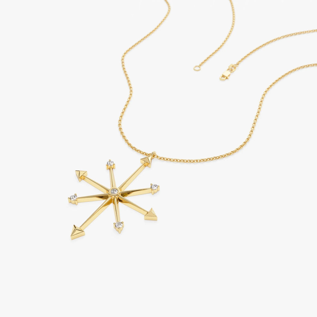 14K Solid Gold 0.11 CTW Round Diamond Compass Charm Necklace