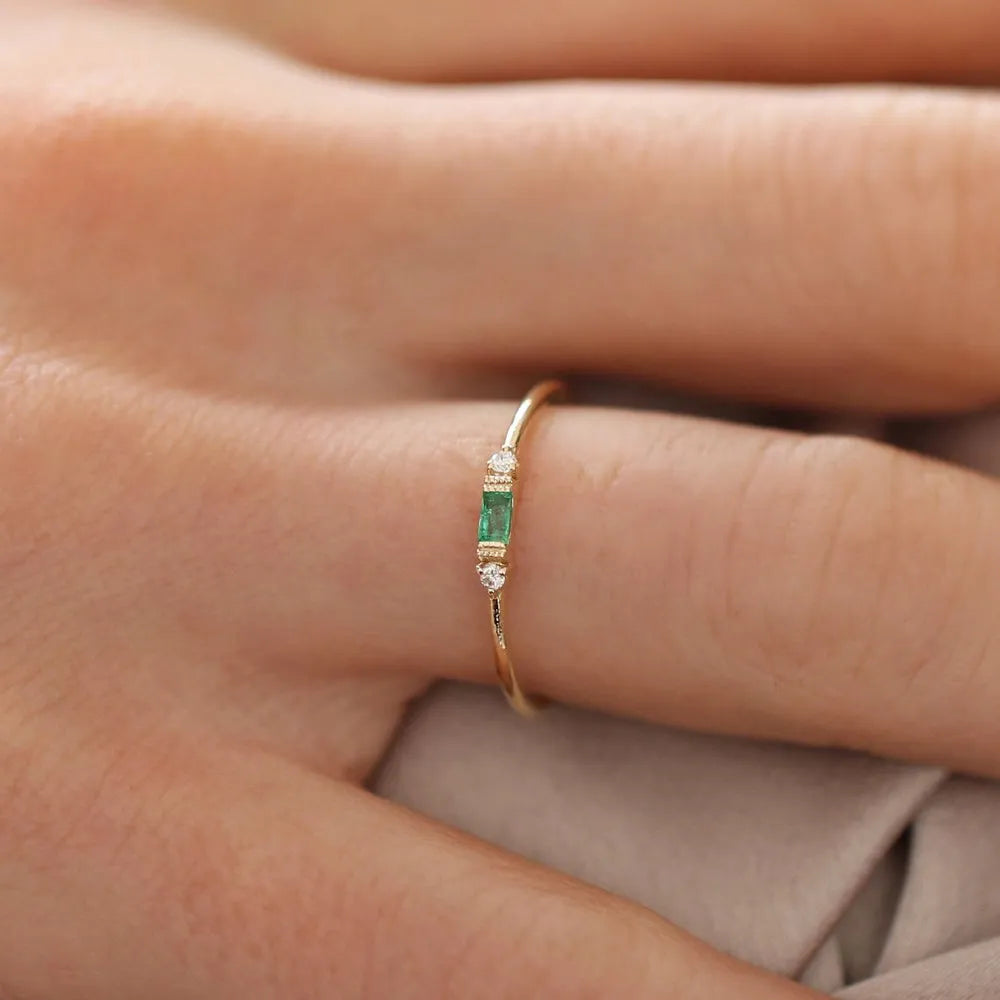 14K Gold Baguette Emerald and Round Diamond Ring 0.12 CTW Handcrafted Jewelry