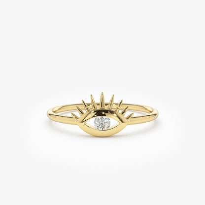 14k Gold Round Diamond Evil Eye Ring Channel Setting 0.07ctw