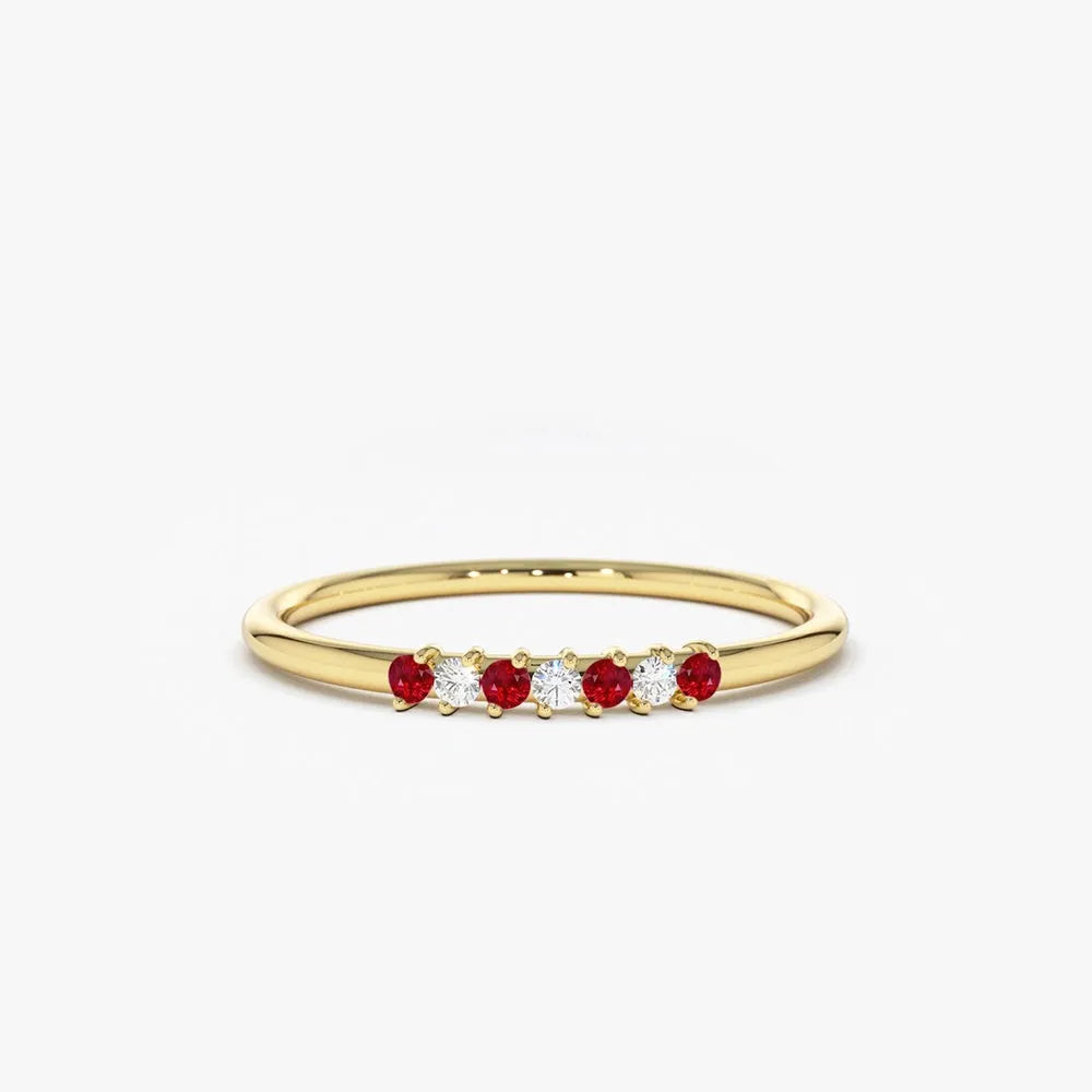 14k Gold Ruby and Diamond Round Cut Petite Ring 0.11 ctw
