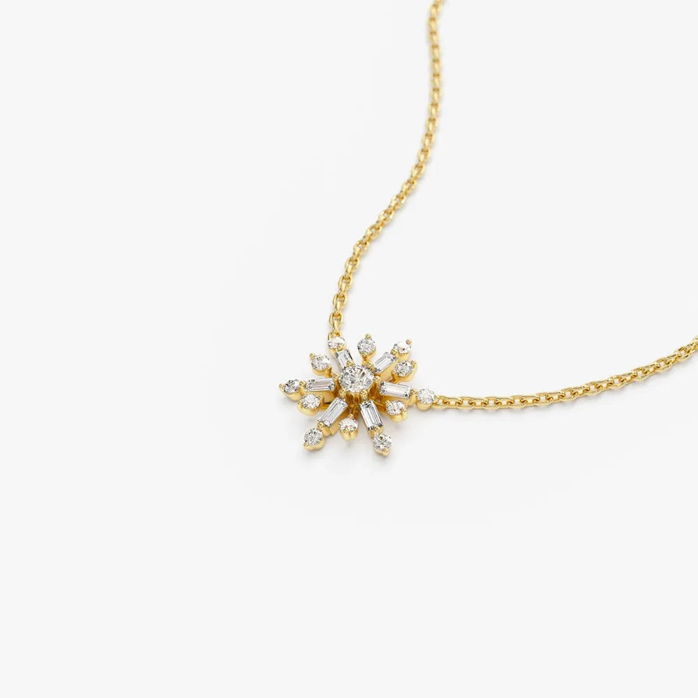 14K Solid Gold Baguette and Round Diamond Snowflake Pendant Necklace 0.25ctw