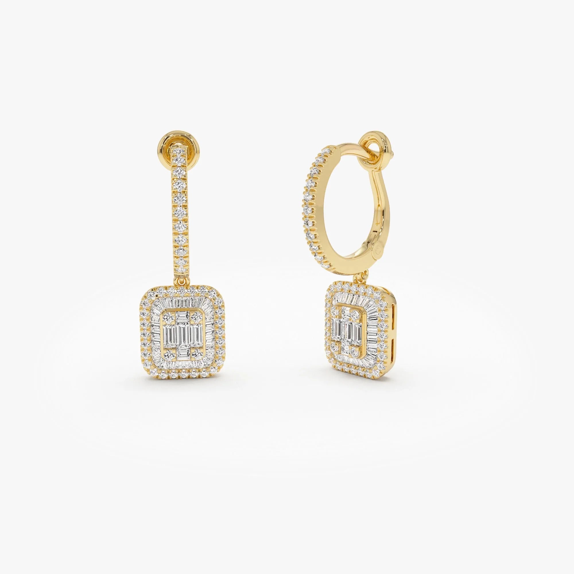 14k Gold Diamond Baguette and Round Cut Illusion Setting Dangling Hoop Earrings 0.98 ctw