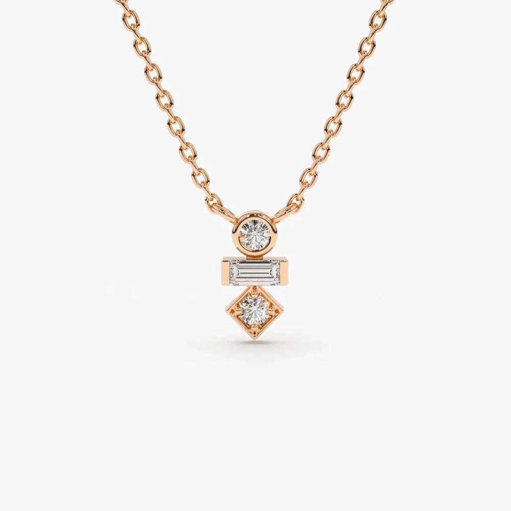 14K Solid Gold Baguette and Round Diamond Necklace Bezel and Channel Setting 0.13ctw