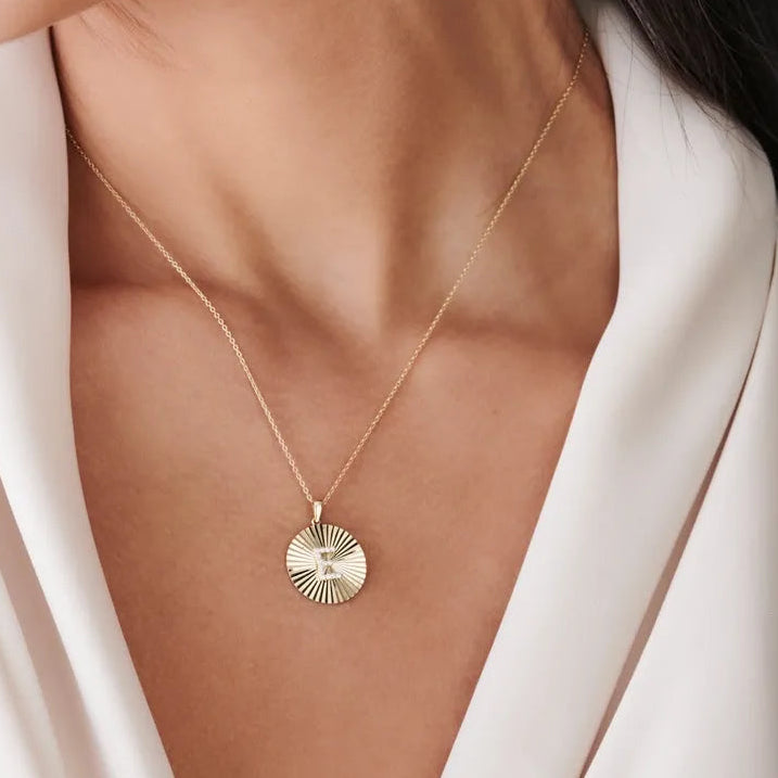 14K Solid Gold Round Diamond Initial Disc Pendant Necklace 0.10ctw