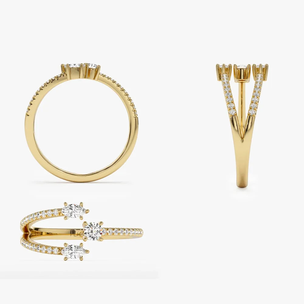 14K Solid Gold Marquise and Round Diamond 0.40 Carat Open Design Claw Ring
