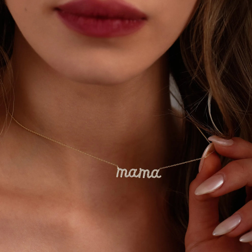 14k Solid Gold Round Diamond 0.30 CTW Micro Pave Script Mama Necklace