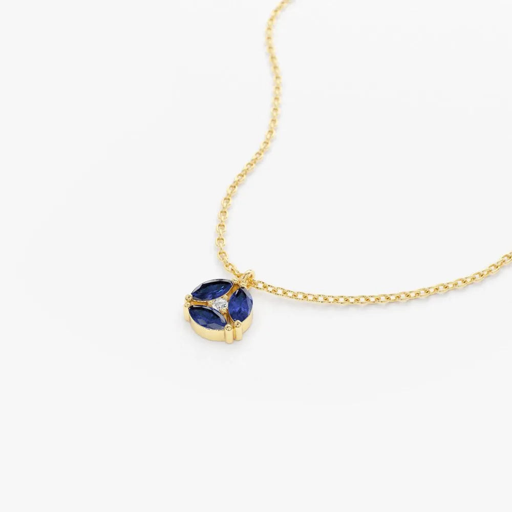 14k Solid Gold Marquise Sapphire 0.32 CTW and Round Diamond 0.01 CTW Cluster Necklace