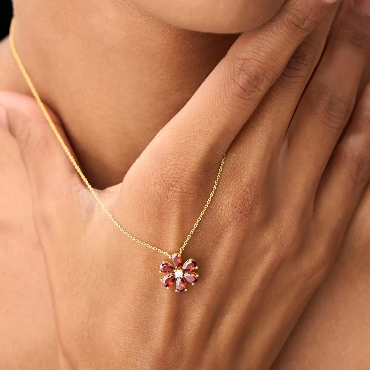 14k Solid Gold Garnet and Diamond Pear and Round Flower Necklace 1.80 Carat