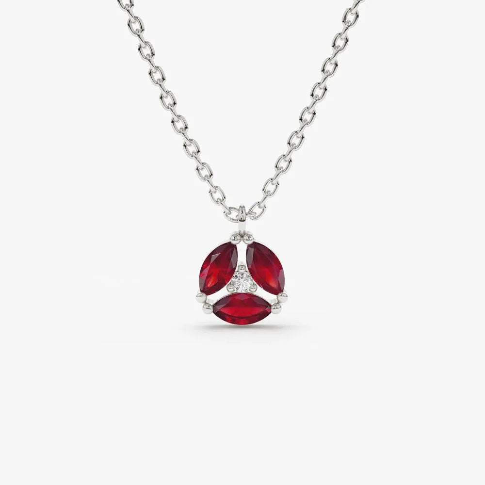 14k Solid Gold Ruby and Diamond Marquise Cluster Necklace 0.33 Carat Prong Setting